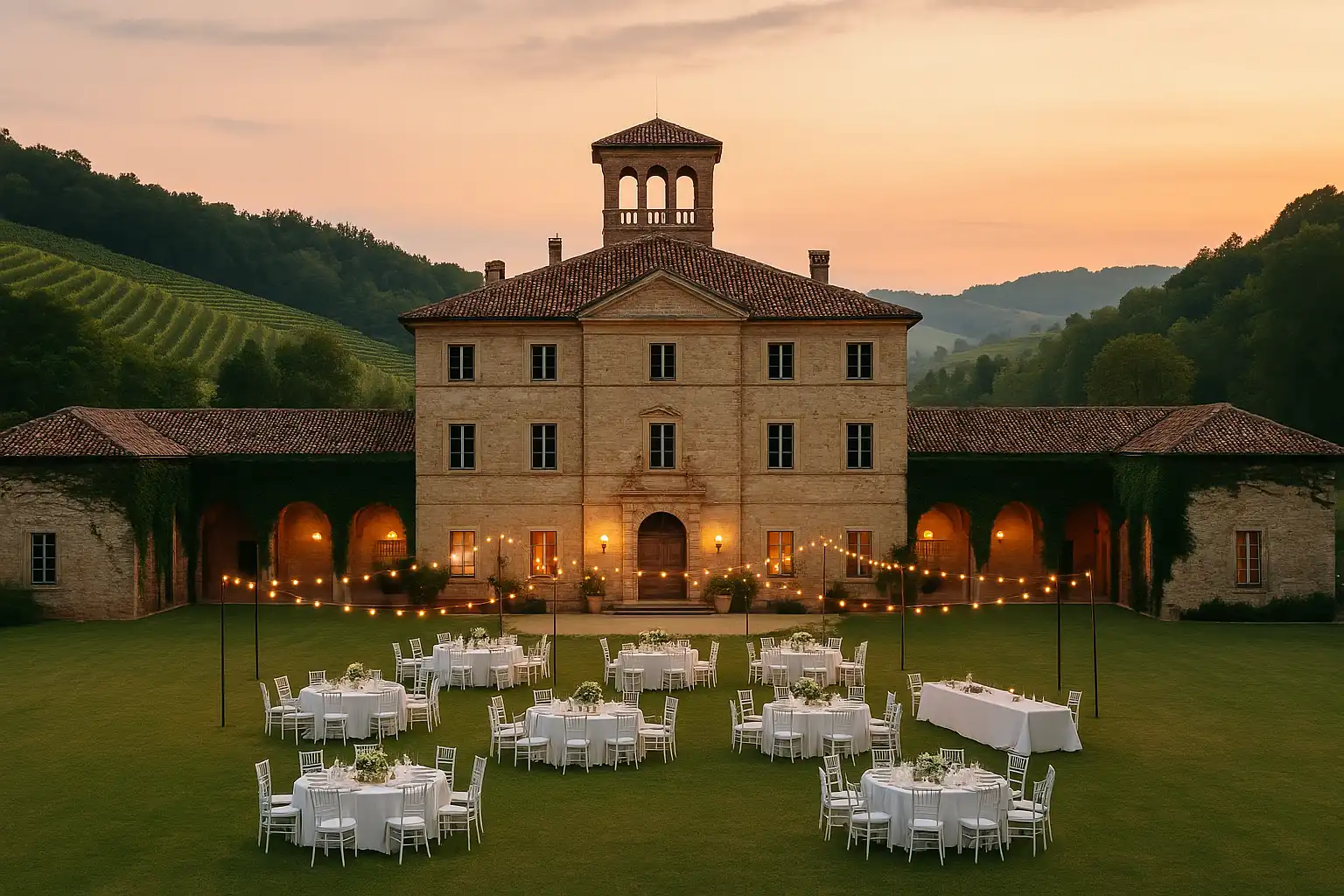 Location per eventi in Piemonte – Villa elegante tra le colline al tramonto, ideale per matrimoni, cerimonie ed eventi aziendali
